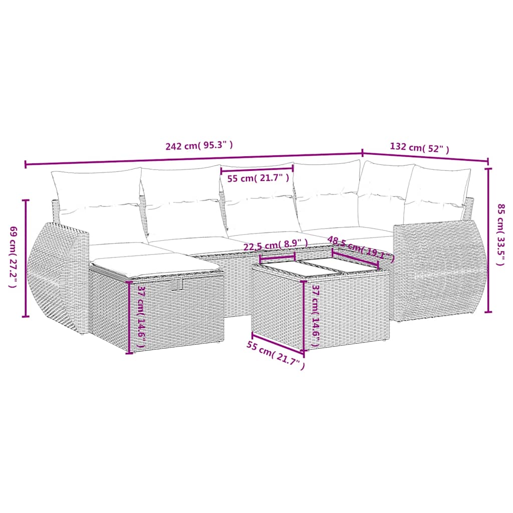 7 Pcs conjunto de sofás p/ jardim c/ almofadões vime PE preto
