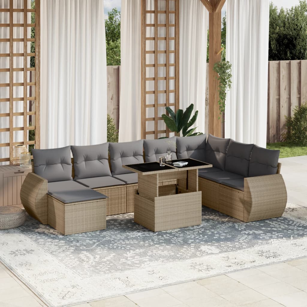 9 Pcs conjunto de sofás p/ jardim com almofadões vime PE bege