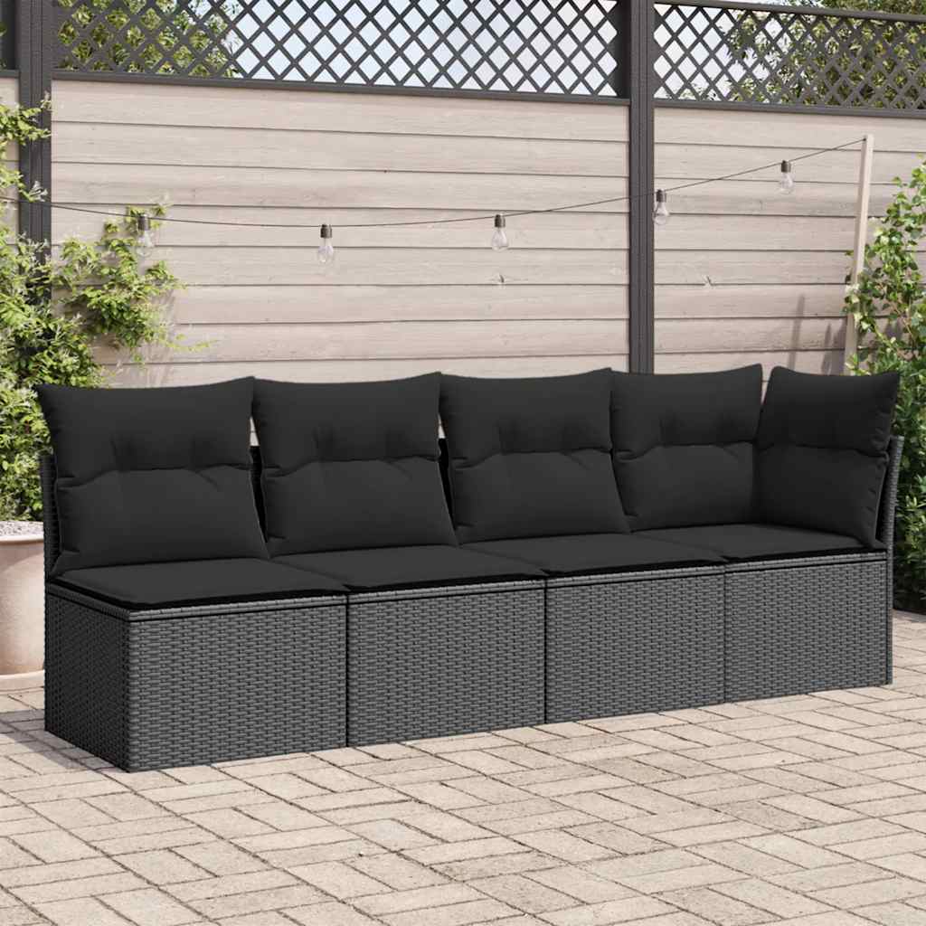 Sofá de jardim com almofadas, 4 lugares, vime sintético preto