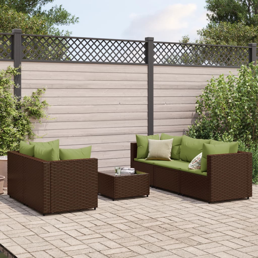 6 Pcs conj. lounge jardim c/ almofadões 6 pcs vime PE castanho