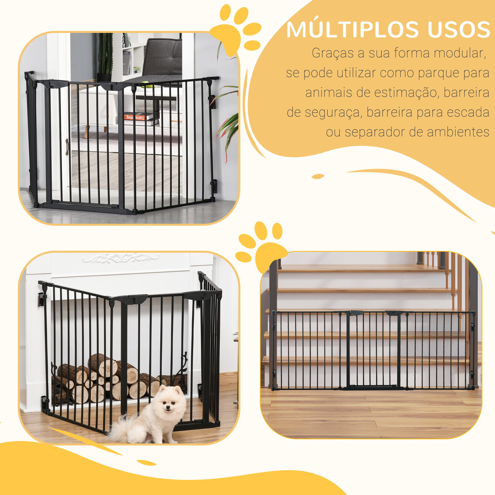 Barreira de segurança para animais de estimação barreira dobrável de 3 painéis com fechadura inteligente para corredor escada 180x74,5cm preto