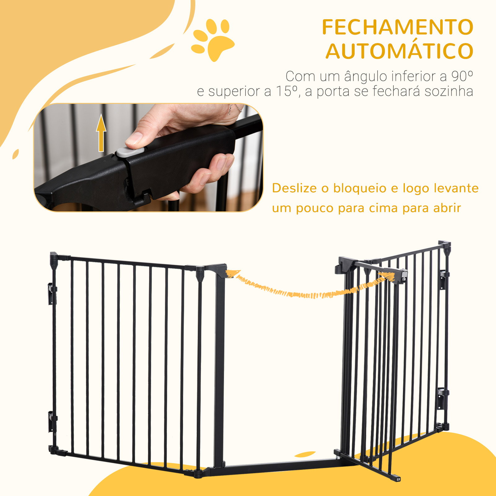 Barreira de segurança para animais de estimação barreira dobrável de 3 painéis com fechadura inteligente para corredor escada 180x74,5cm preto