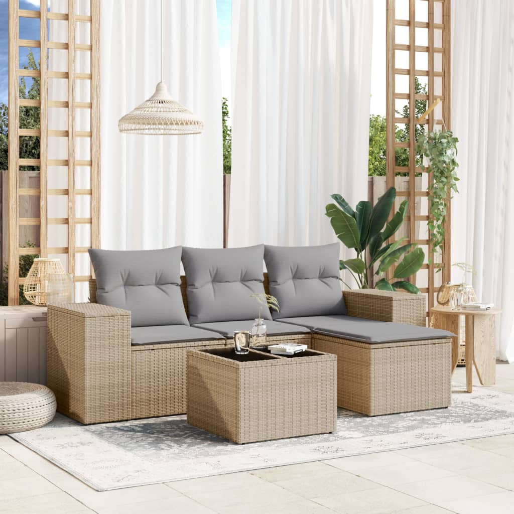 5 Pcs conjunto de sofás p/ jardim com almofadões vime PE bege