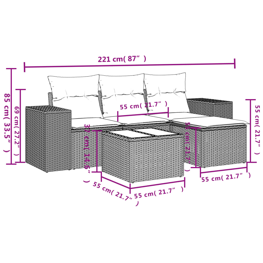 5 Pcs conjunto de sofás p/ jardim com almofadões vime PE bege