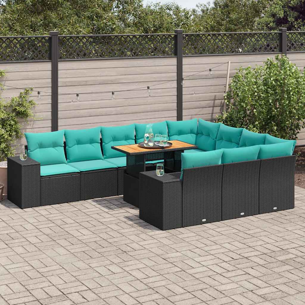 11 Pcs conjunto sofás de jardim c/ almofadões vime PE preto