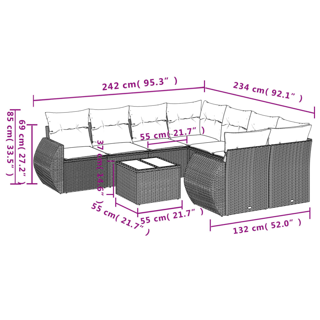 9 Pcs conjunto de sofás p/ jardim c/ almofadões vime PE preto