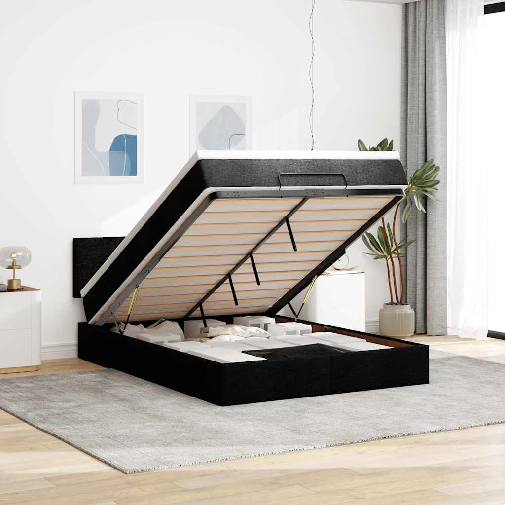 Cama otomana com colchão & leds preto 140x190cm tecido
