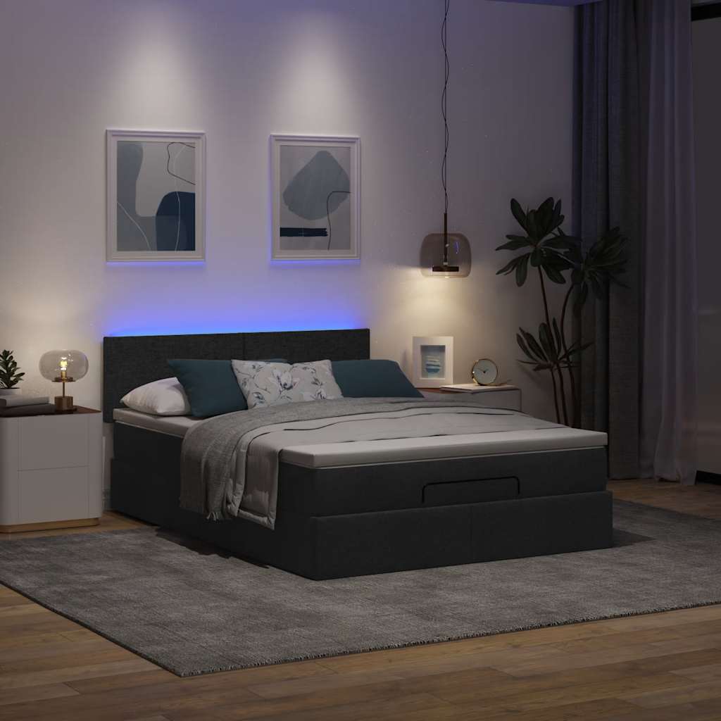 Cama otomana com colchão & leds preto 140x190cm tecido