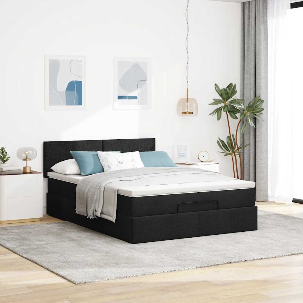 Cama otomana com colchão & leds preto 140x190cm tecido