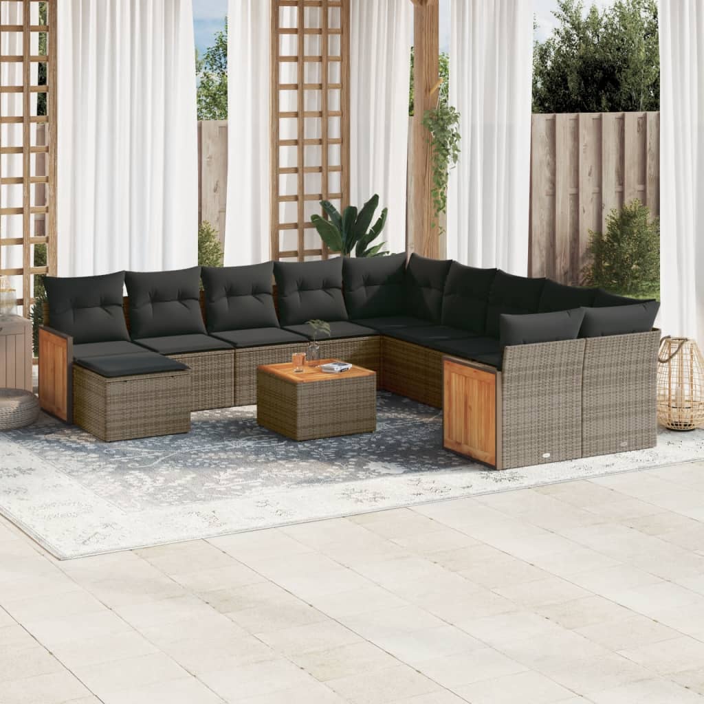 12 Pcs conjunto de sofás jardim c/ almofadões vime PE cinzento