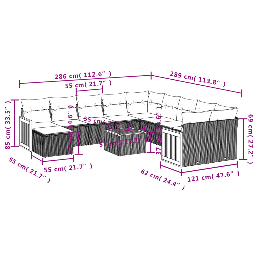 12 Pcs conjunto de sofás jardim c/ almofadões vime PE cinzento