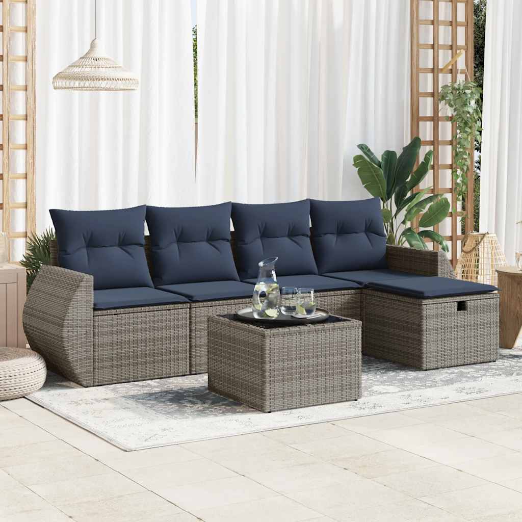 6 Pcs conjunto sofás de jardim com almofadões vime cinzento
