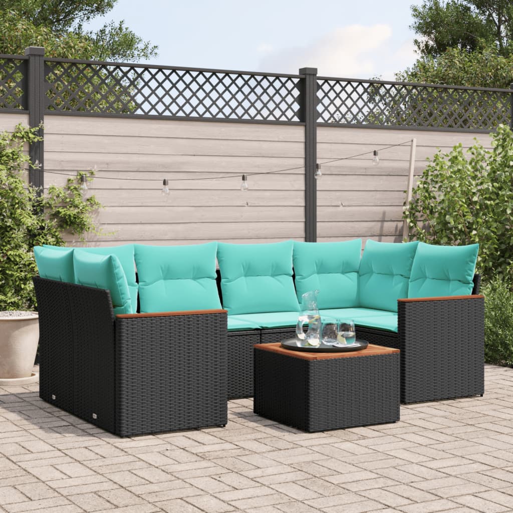 Conjunto de sofá de jardim com 7 peças e almofadas em rattan sintético preto