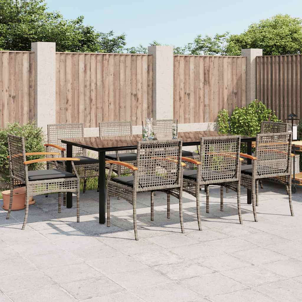 9 Pcs conjunto de jantar p/ jardim c/ almofadões vime PE cinza