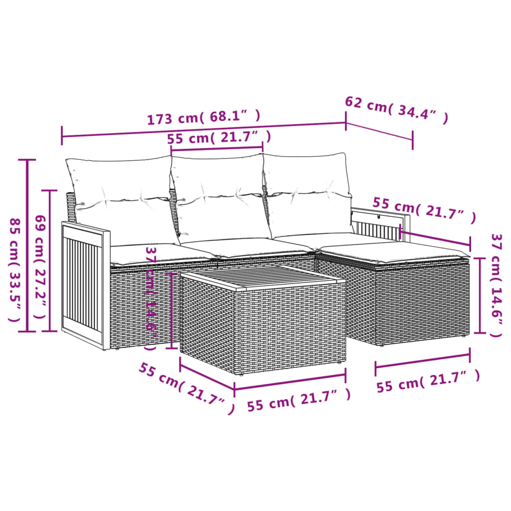 5 Pcs conjunto de sofás p/ jardim com almofadões vime PE bege