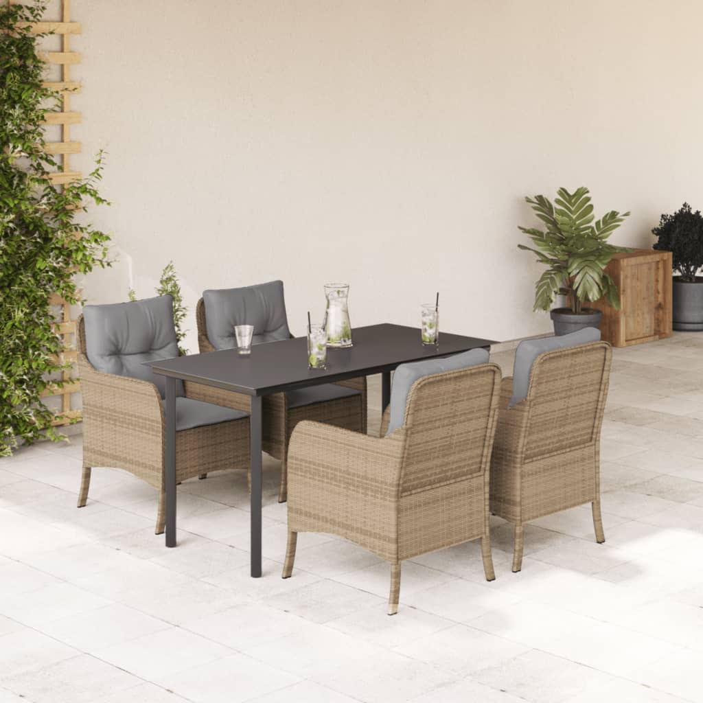 5 Pcs conjunto de jantar p/ jardim com almofadões vime PE bege