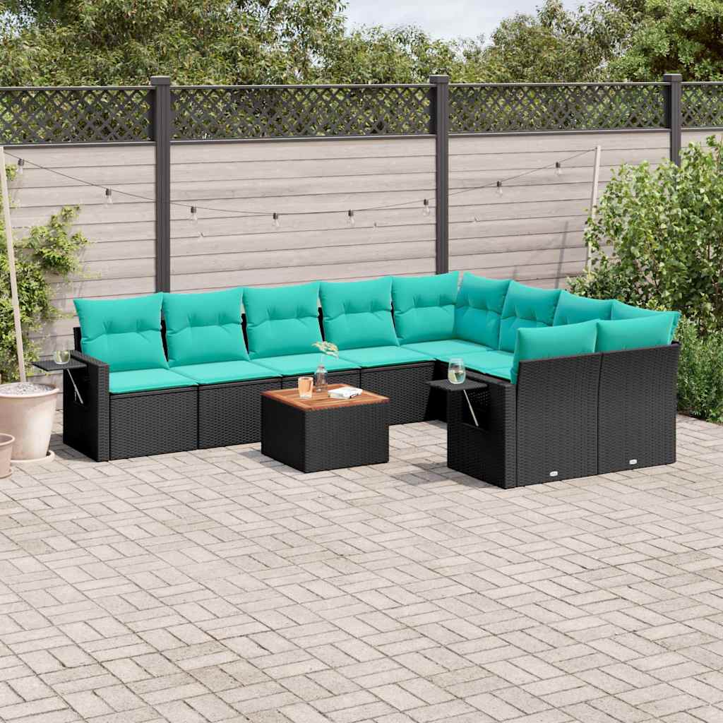 Conjunto de sofá de jardim com 10 peças e almofadas em rattan sintético preto