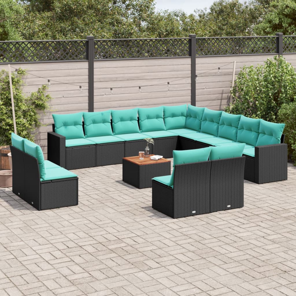 14 Pcs conjunto de sofás p/ jardim c/ almofadões vime PE preto