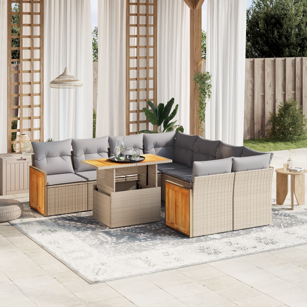 9 Pcs conjunto de sofás p/ jardim com almofadões vime PE bege