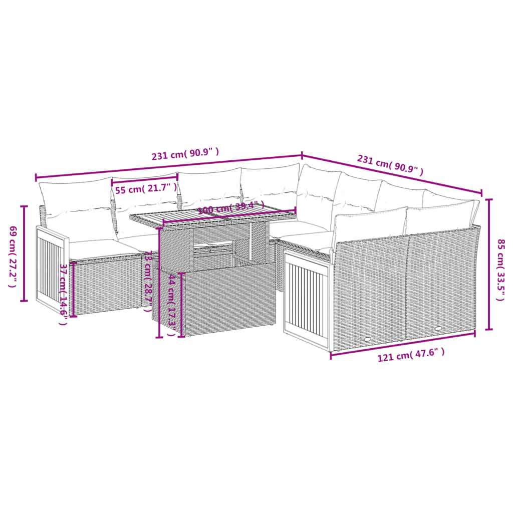 9 Pcs conjunto de sofás p/ jardim com almofadões vime PE bege