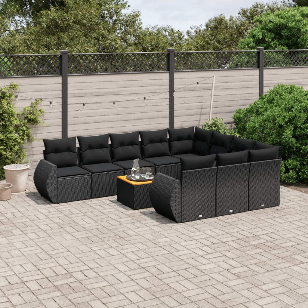 11 Pcs conjunto sofás de jardim c/ almofadões vime PE preto