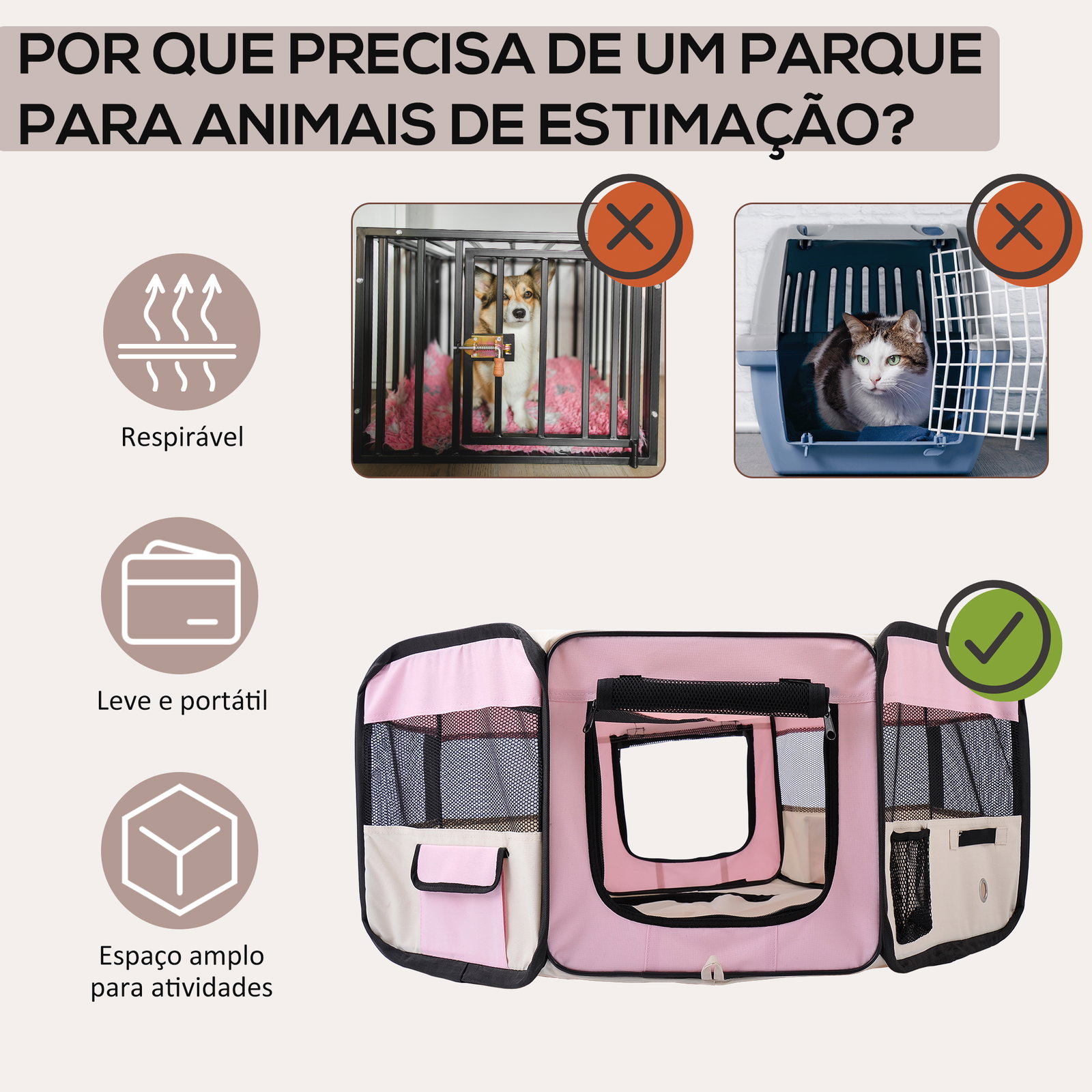 Parque dobrável para cães e gatos corralito portátil para animais pequenos impermeável em tecido oxford ø90x41 cm rosa