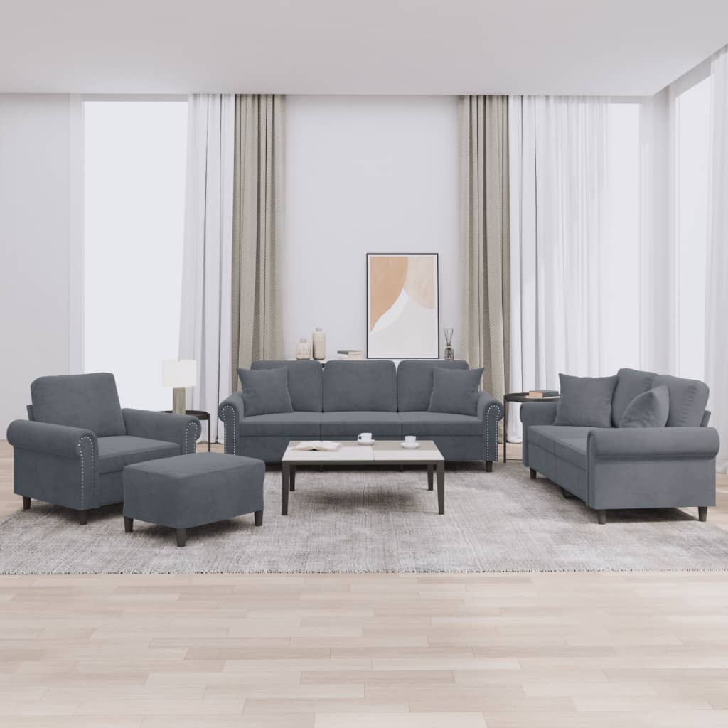 4 Pcs conjunto de sofás com almofadas veludo cinzento-escuro