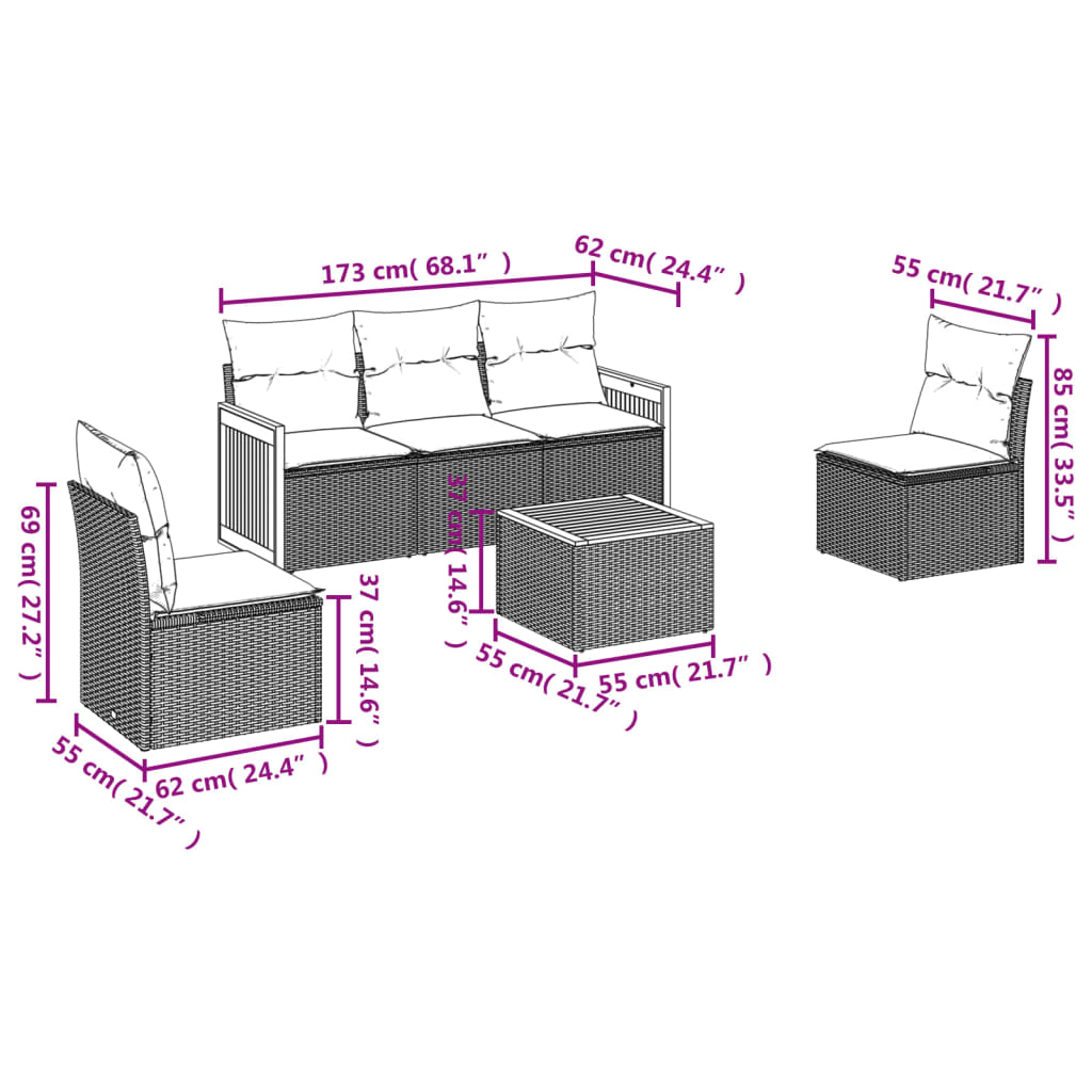 6 Pcs conjunto de sofás p/ jardim com almofadões vime PE bege