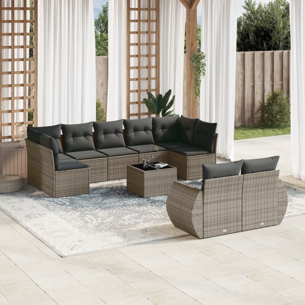 10 Pcs conjunto sofás de jardim c/ almofadões vime PE cinzento