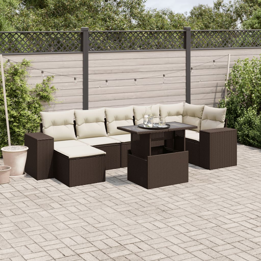 8 Pcs conjunto sofás de jardim c/ almofadões vime PE castanho