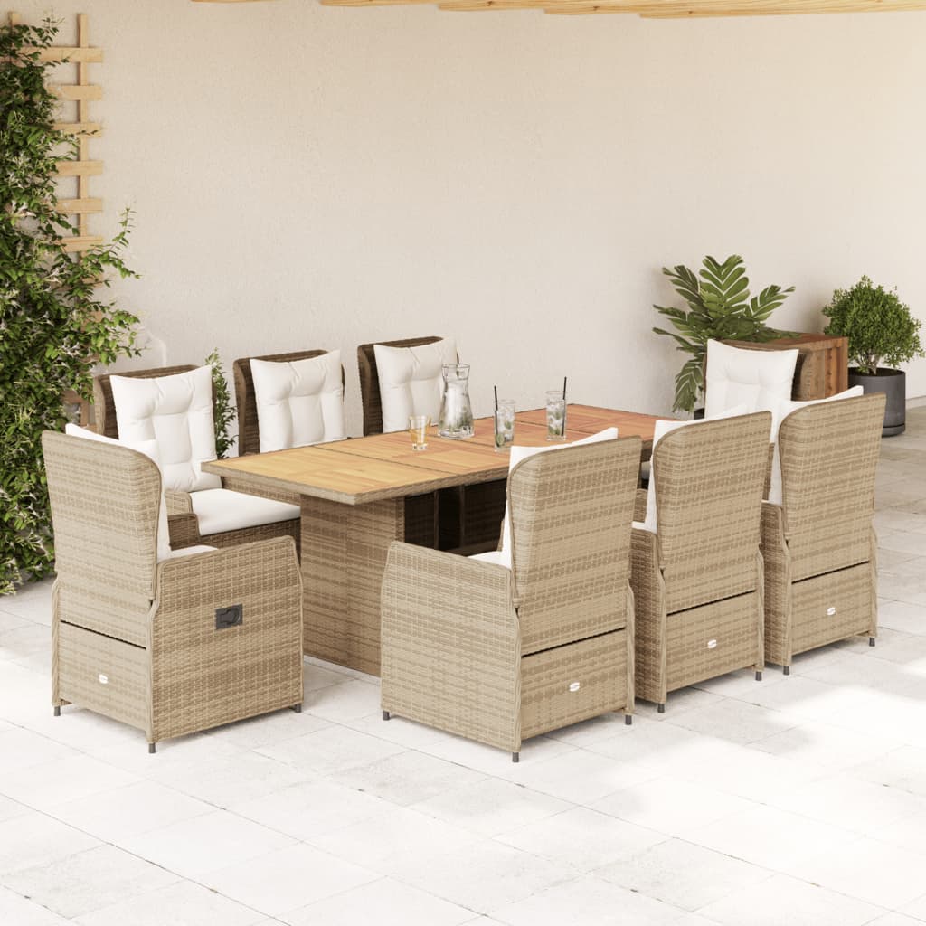 9 Pcs conjunto de jantar p/ jardim com almofadões vime PE bege