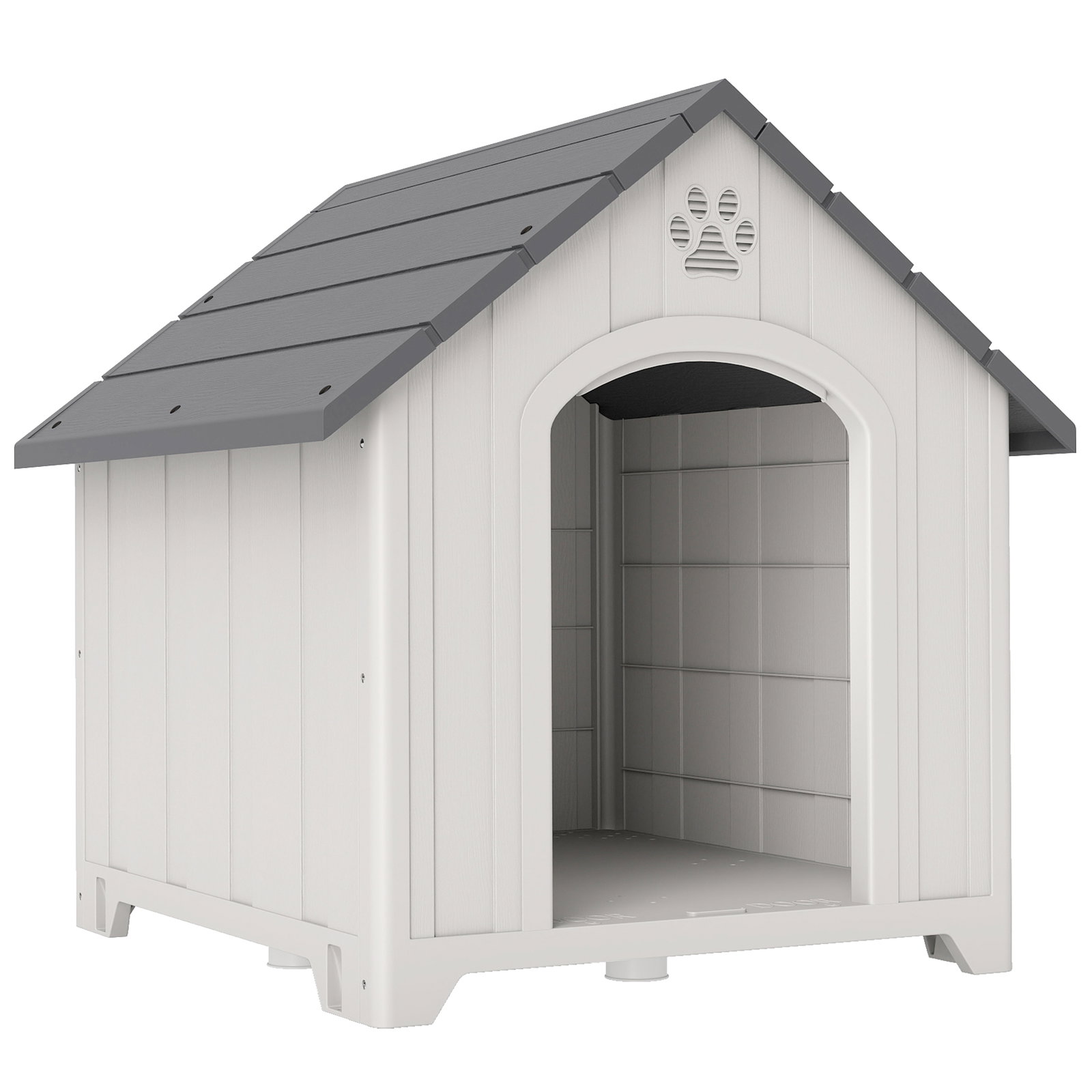 Casota para cães de exterior casa para cães grandes de plástico com 2 janelas base elevada estacas cinzento
