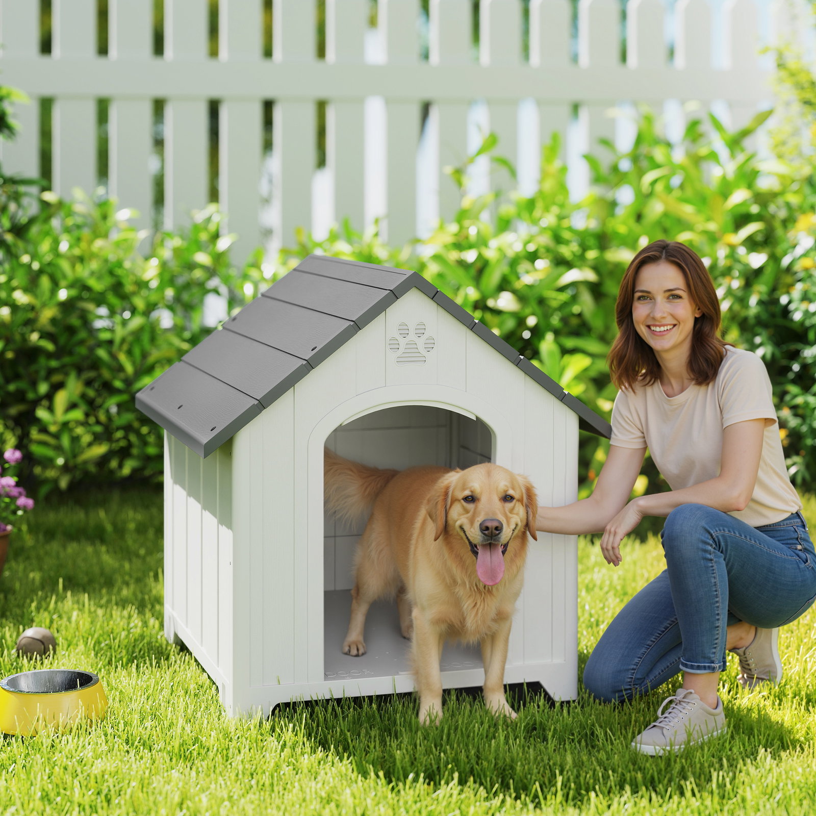 Casota para cães de exterior casa para cães grandes de plástico com 2 janelas base elevada estacas cinzento