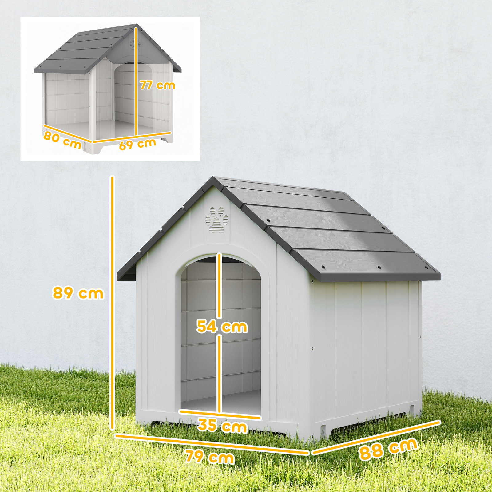 Casota para cães de exterior casa para cães grandes de plástico com 2 janelas base elevada estacas cinzento