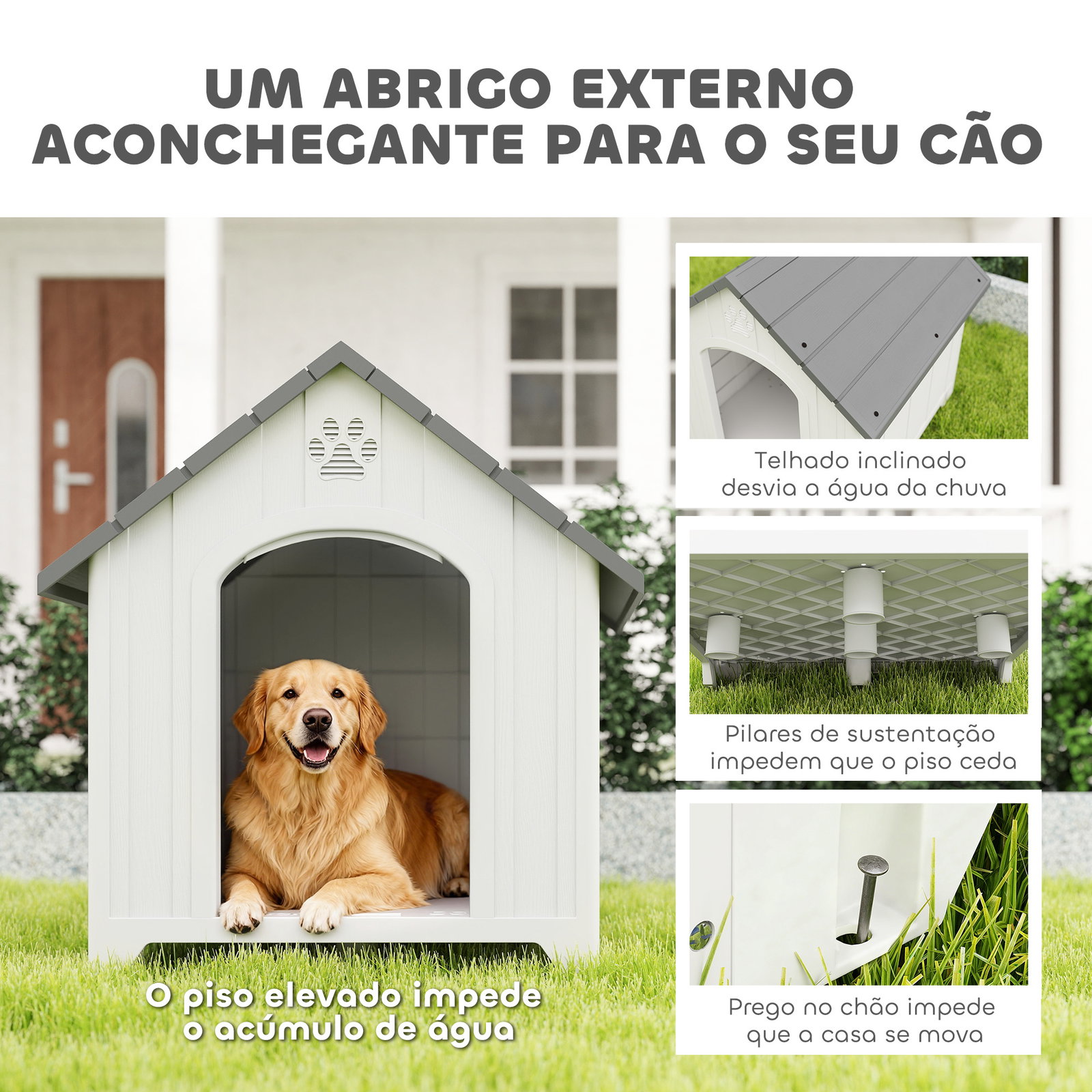 Casota para cães de exterior casa para cães grandes de plástico com 2 janelas base elevada estacas cinzento