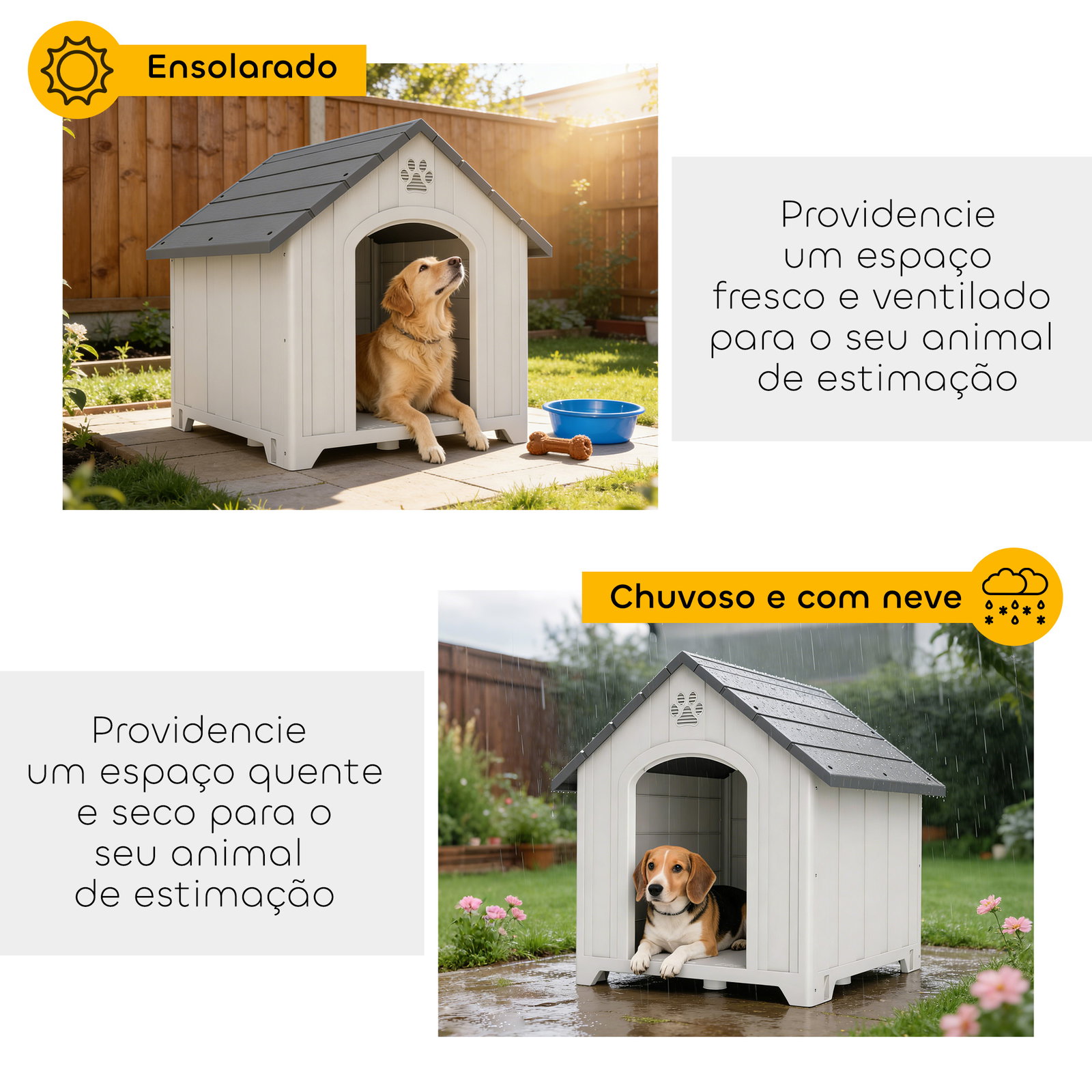 Casota para cães de exterior casa para cães grandes de plástico com 2 janelas base elevada estacas cinzento