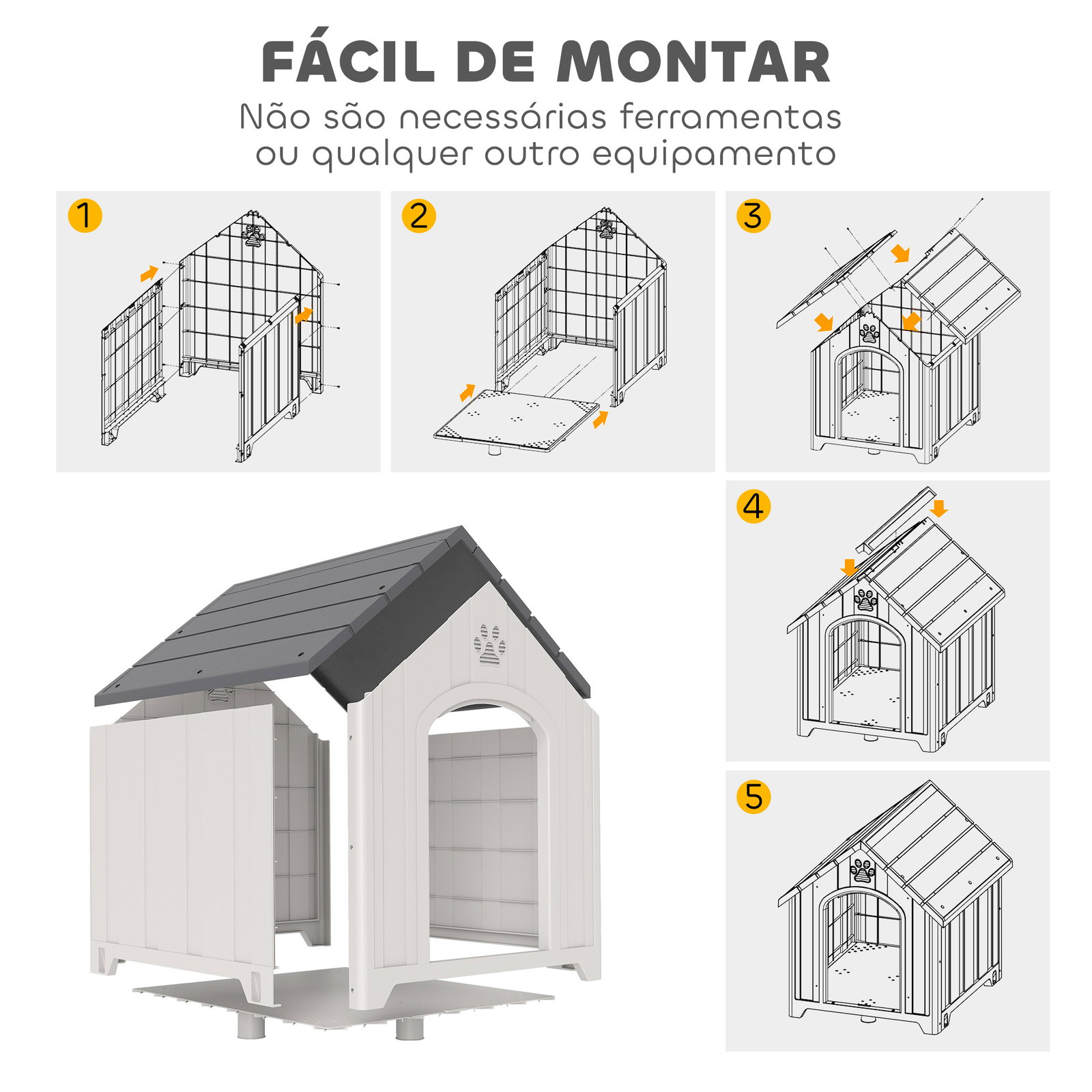 Casota para cães de exterior casa para cães grandes de plástico com 2 janelas base elevada estacas cinzento