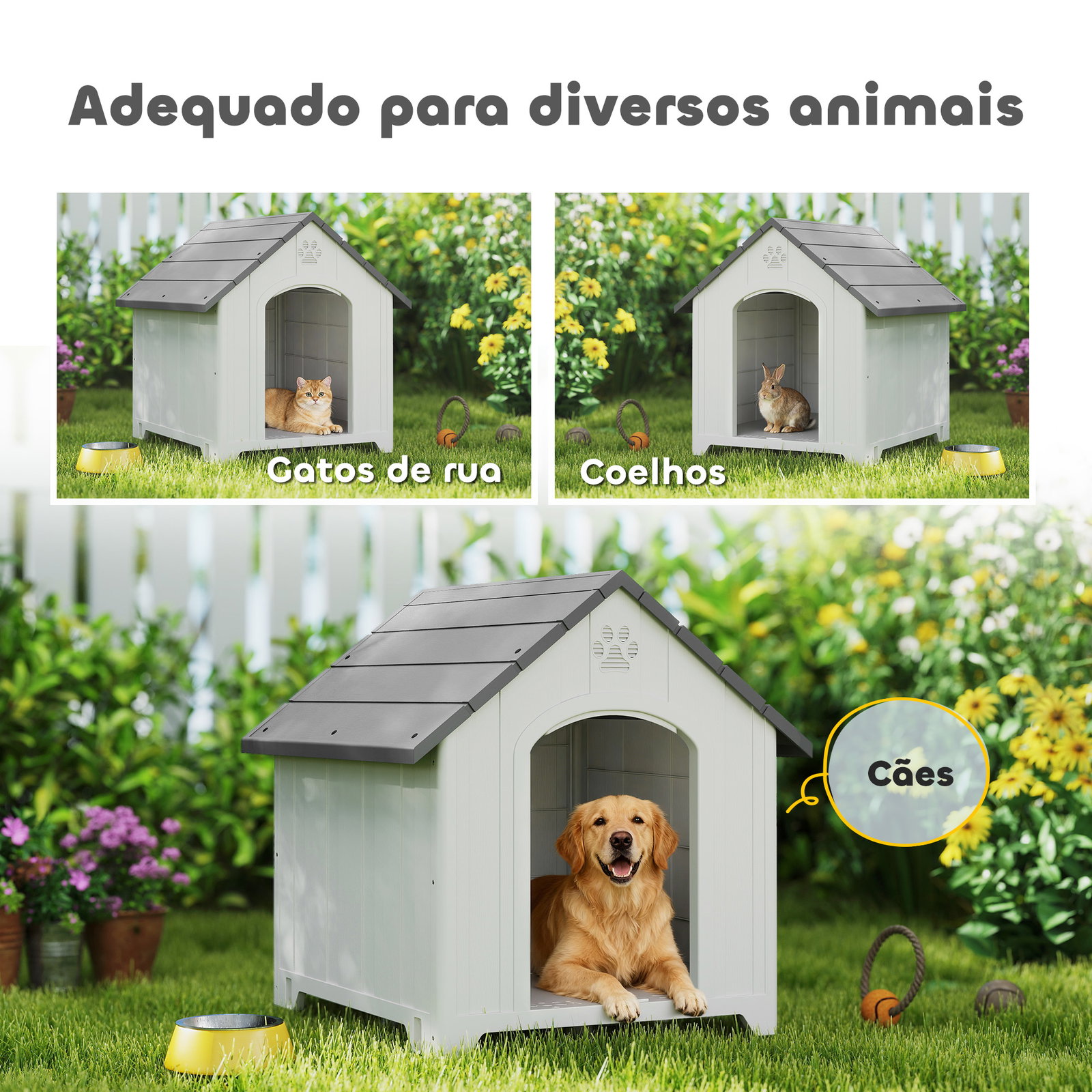 Casota para cães de exterior casa para cães grandes de plástico com 2 janelas base elevada estacas cinzento