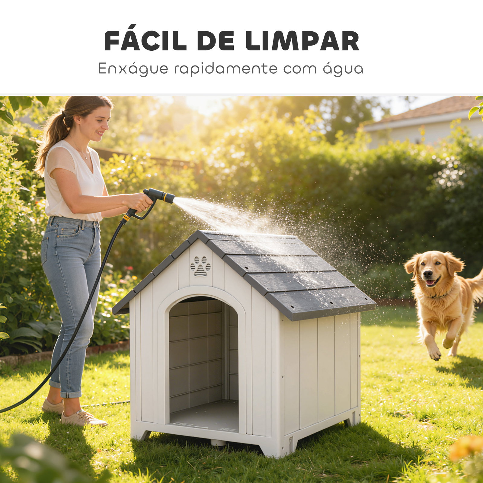 Casota para cães de exterior casa para cães grandes de plástico com 2 janelas base elevada estacas cinzento