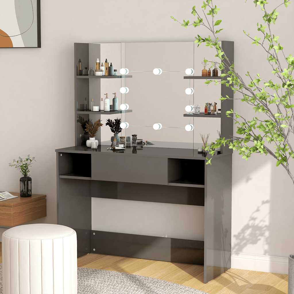 Mesa de maquilhagem c/ leds 100x40x135 cm MDF cinza brilhante