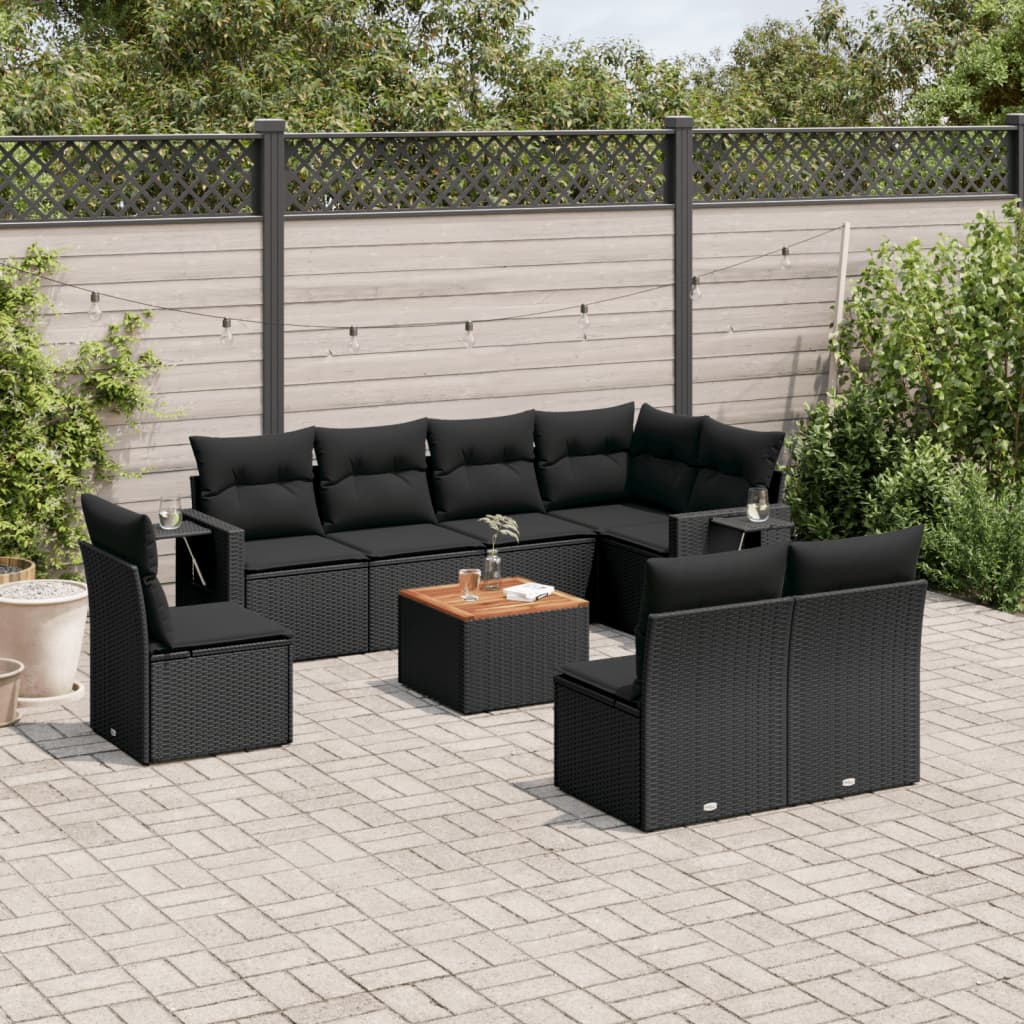 9 Pcs conjunto de sofás p/ jardim c/ almofadões vime PE preto