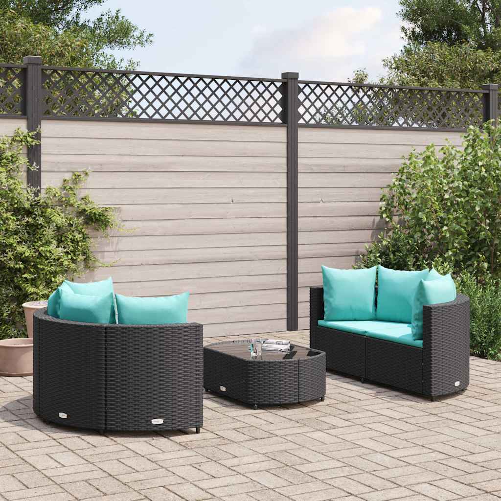 5 Pcs conjunto sofás de jardim com almofadões vime PE preto