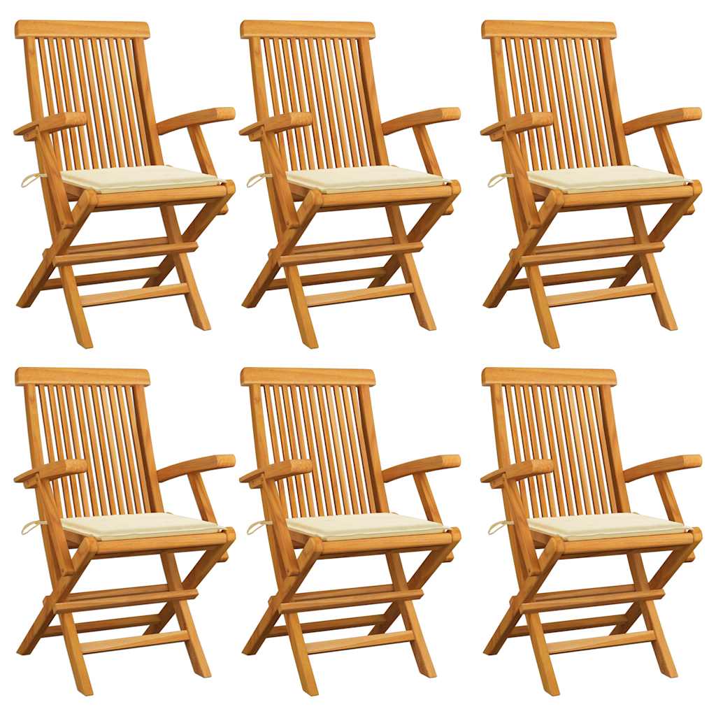 Cadeiras de jardim c/ almofadões creme 6 pcs teca maciça