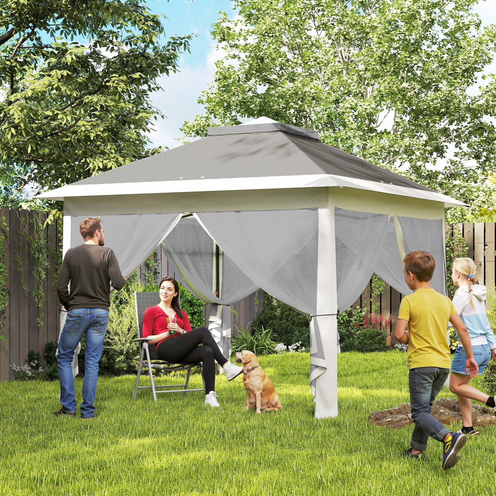 Tenda dobrável 3,3x3,3 m pop-up altura ajustável teto duplo mosquiteiras removíveis e bolsa de transporte anti-UV cinzento