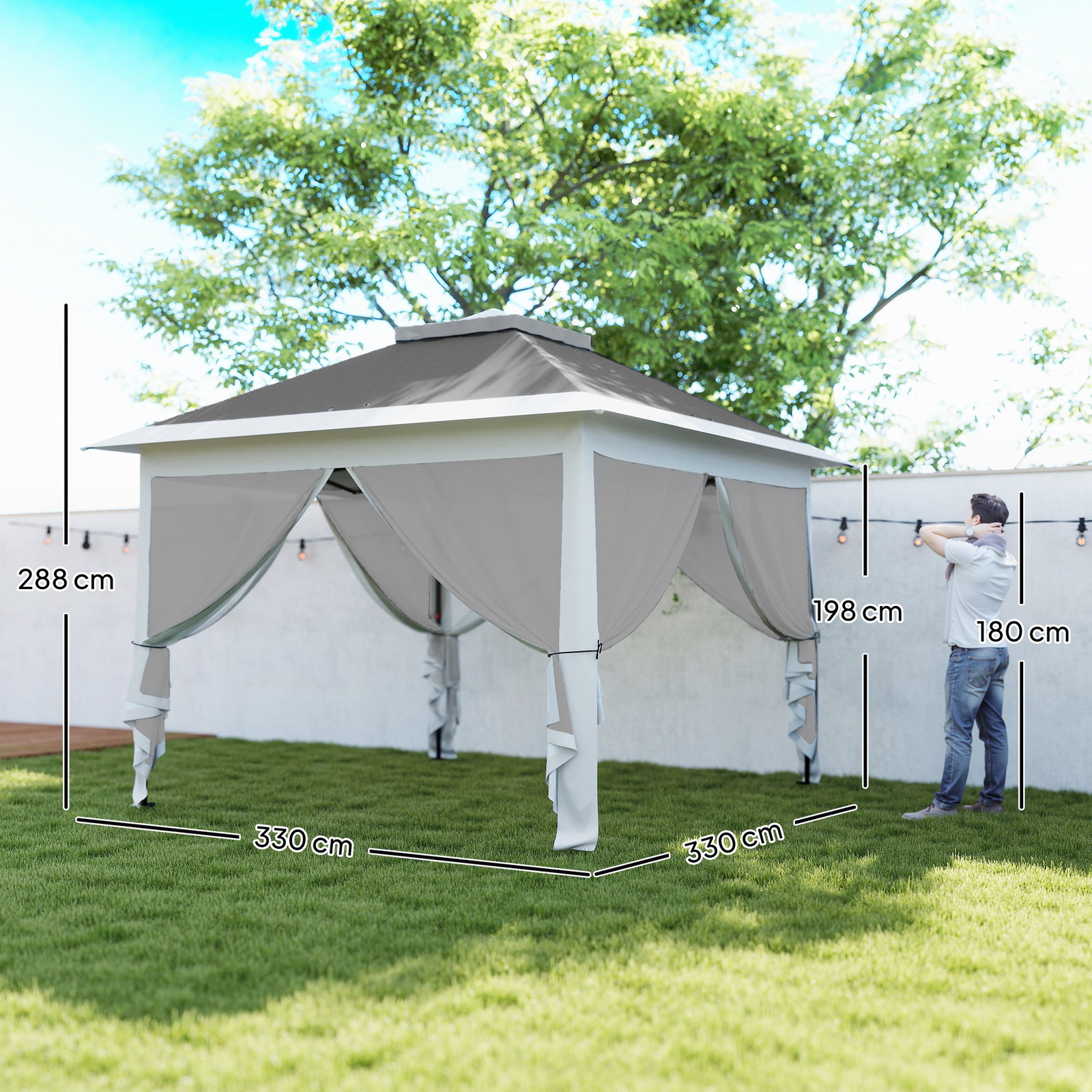 Tenda dobrável 3,3x3,3 m pop-up altura ajustável teto duplo mosquiteiras removíveis e bolsa de transporte anti-UV cinzento