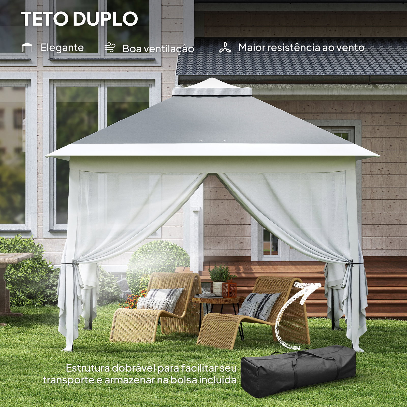 Tenda dobrável 3,3x3,3 m pop-up altura ajustável teto duplo mosquiteiras removíveis e bolsa de transporte anti-UV cinzento
