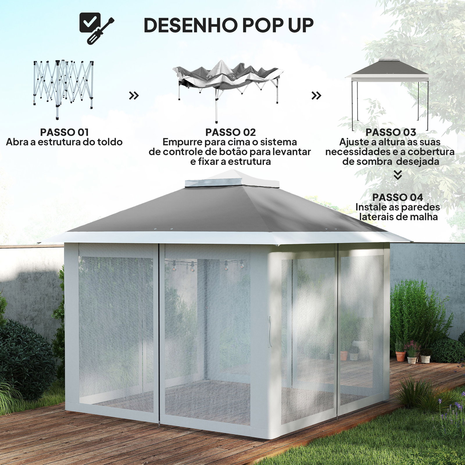 Tenda dobrável 3,3x3,3 m pop-up altura ajustável teto duplo mosquiteiras removíveis e bolsa de transporte anti-UV cinzento