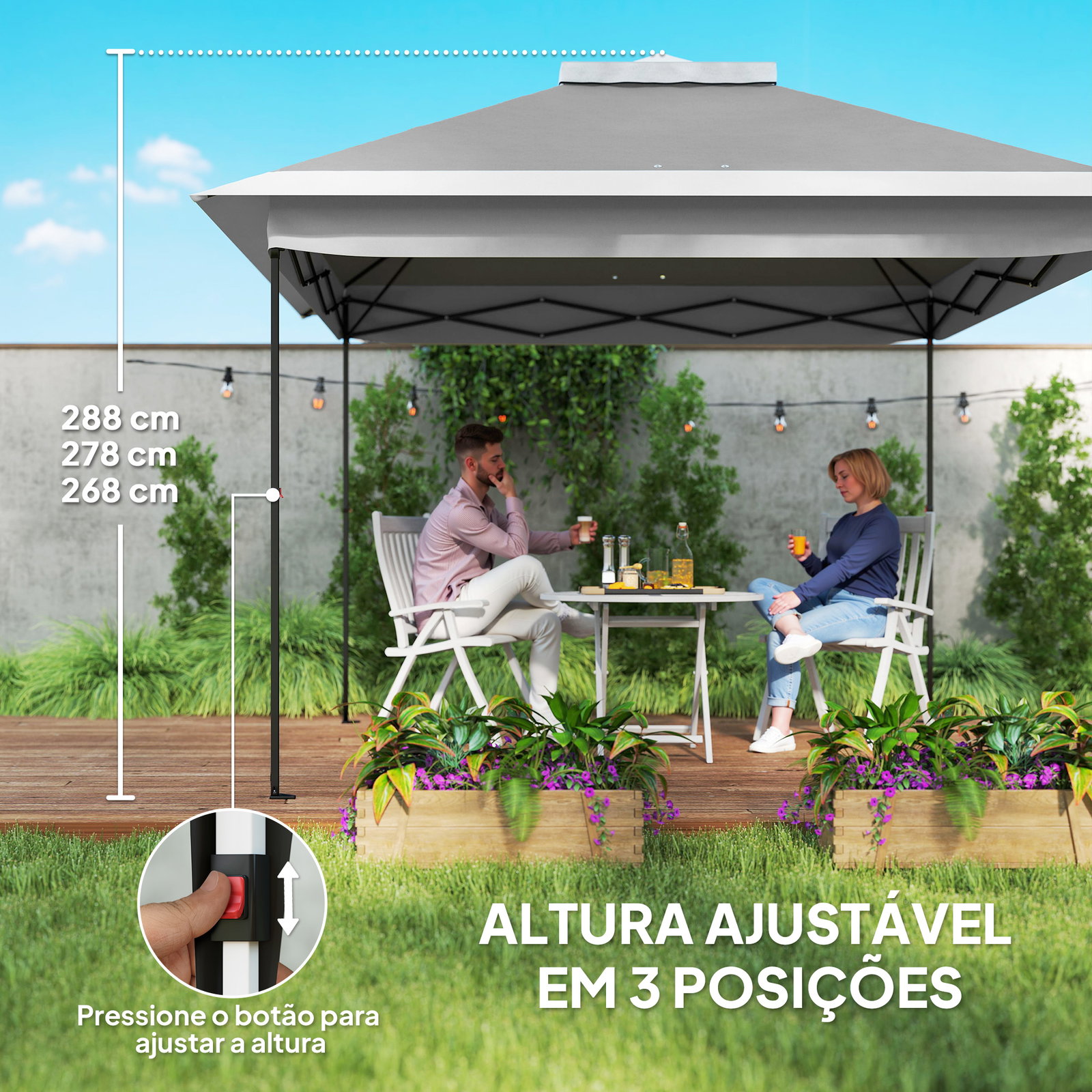 Tenda dobrável 3,3x3,3 m pop-up altura ajustável teto duplo mosquiteiras removíveis e bolsa de transporte anti-UV cinzento