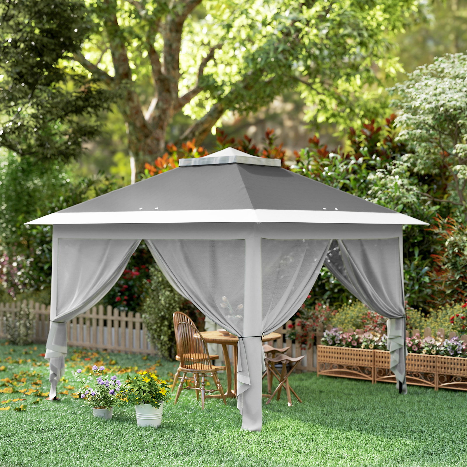 Tenda dobrável 3,3x3,3 m pop-up altura ajustável teto duplo mosquiteiras removíveis e bolsa de transporte anti-UV cinzento