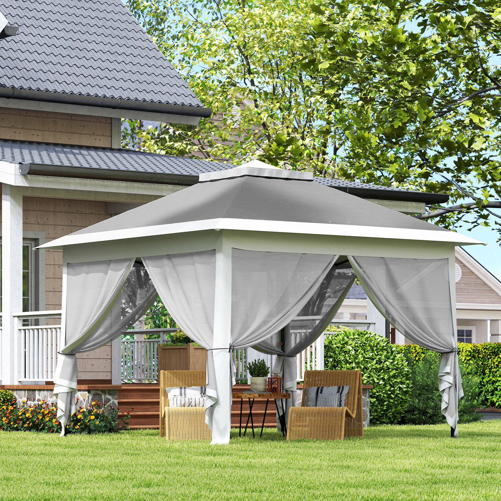 Tenda dobrável 3,3x3,3 m pop-up altura ajustável teto duplo mosquiteiras removíveis e bolsa de transporte anti-UV cinzento